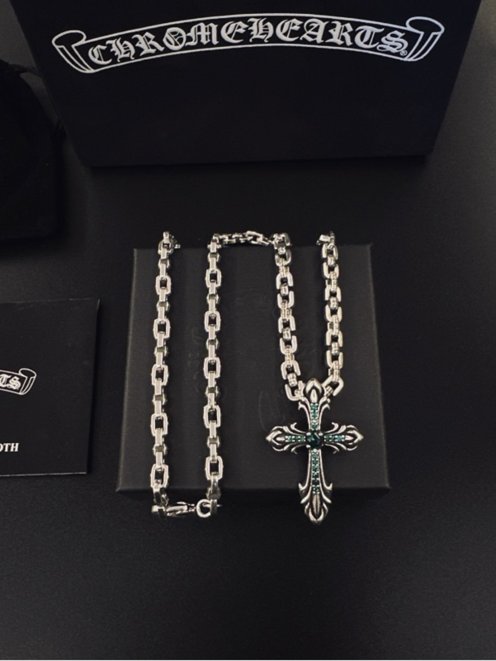 Chrome Hearts Silver Cross Pendant Necklace with Green Inlay